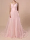 Ball Gown V-neck Tulle Sweep Train Wedding Dresses With Sashes / Ribbons #UKM00023430