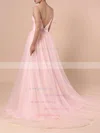 A-line V-neck Tulle Sweep Train Sashes / Ribbons Wedding Dresses #UKM00023430