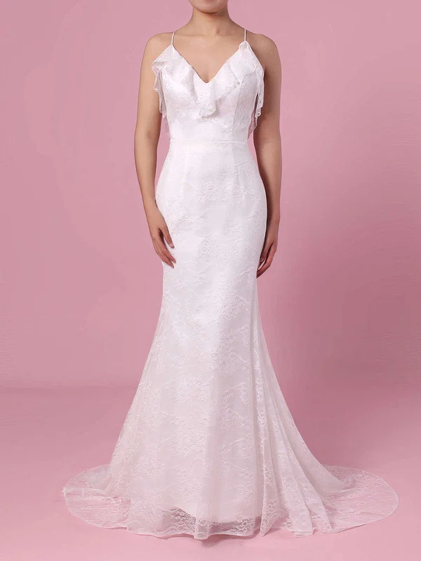 Trumpet/Mermaid V-neck Lace Sweep Train Wedding Dresses With Cascading Ruffles #UKM00023439