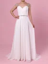 A-line V-neck Chiffon Sweep Train Wedding Dresses With Beading #UKM00023441
