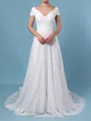 A-line V-neck Lace Sweep Train Wedding Dresses With Sashes / Ribbons #UKM00023448