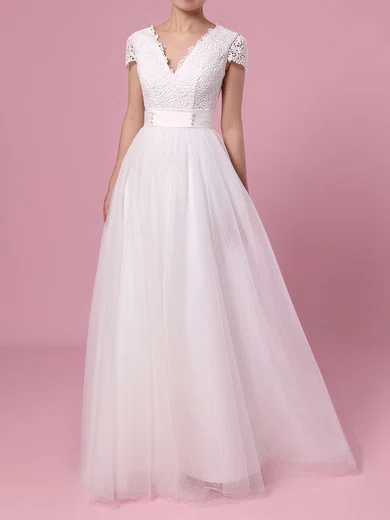 Ball Gown/Princess V-neck Lace Tulle Sweep Train Wedding Dresses With Pearl Detailing #UKM00023453
