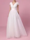 Ball Gown V-neck Lace Tulle Sweep Train Wedding Dresses With Pearl Detailing #UKM00023453