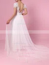A-line V-neck Lace Tulle Sweep Train Sashes / Ribbons Wedding Dresses #UKM00023453