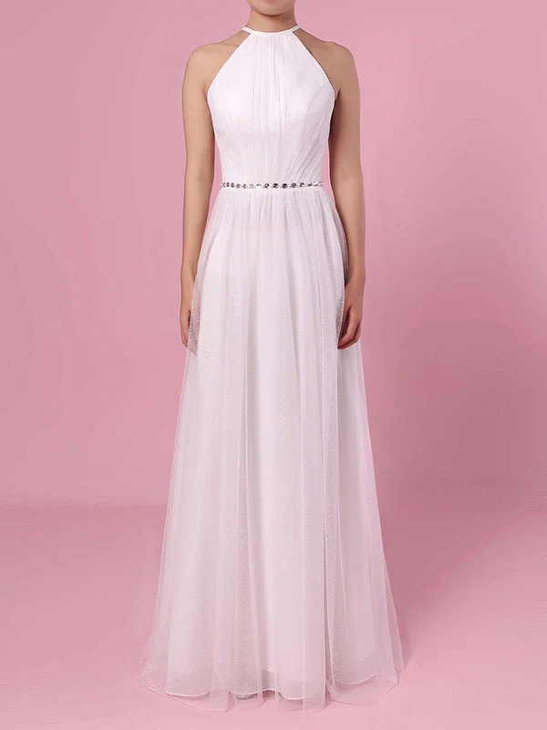 A-line Scoop Neck Tulle Floor-length Wedding Dresses With Beading #UKM00023455