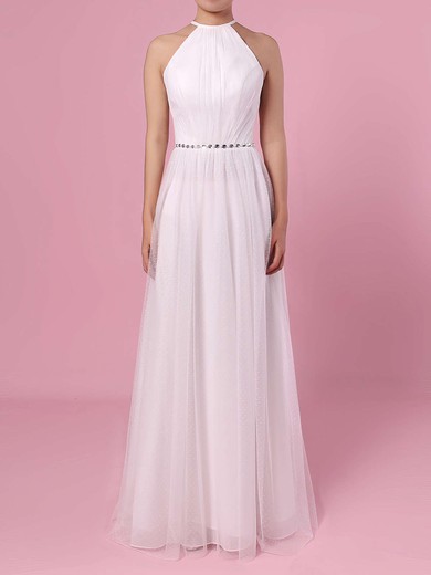 A-line Scoop Neck Tulle Floor-length Wedding Dresses #UKM00023455