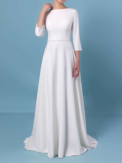 A-line Scoop Neck Satin Sweep Train Wedding Dresses With Sashes / Ribbons #UKM00023461