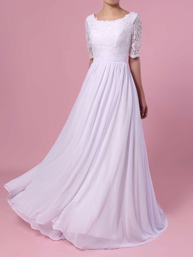 A-line Scoop Neck Lace Chiffon Sweep Train Sashes / Ribbons Wedding Dresses #UKM00023464
