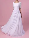 A-line Scoop Neck Lace Chiffon Sweep Train Wedding Dresses With Sashes / Ribbons #UKM00023464