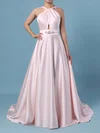 Ball Gown Halter Satin Sweep Train Wedding Dresses With Beading #UKM00023465