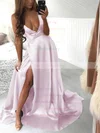 A-line Halter Silk-like Satin Sweep Train Split Front Prom Dresses #UKM020106435