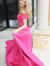 A-line Off-the-shoulder Lace Satin Sweep Train Beading Prom Dresses #UKM020106439