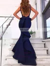 Trumpet/Mermaid V-neck Silk-like Satin Sweep Train Ruffles Prom Dresses #UKM020106442