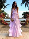 A-line V-neck Satin Floor-length Tiered Prom Dresses #UKM020106445