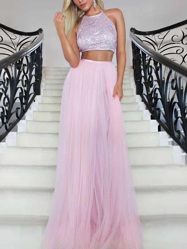 Tulle Sequined Halter A-line Floor-length Sequins Prom Dresses #UKM020106457