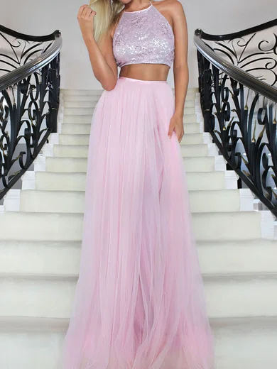 A-line Halter Tulle Sequin Two Piece Prom Dresses #UKM020106457