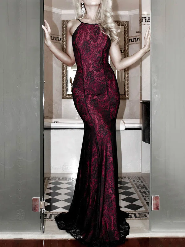 Sheath/Column Floor-length Scoop Neck Lace Prom Dresses #UKM020106460