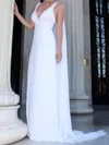 A-line V-neck Lace Chiffon Sweep Train Wedding Dresses With Appliques Lace #UKM00023469