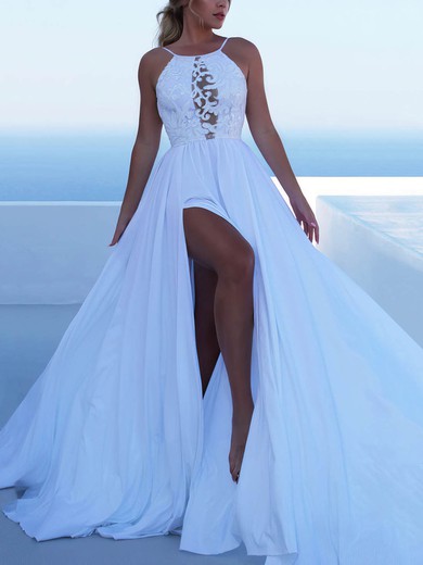 Lace Silk-like Satin Scoop Neck A-line Sweep Train Split Front Wedding Dresses #UKM00023471
