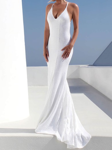 Trumpet/Mermaid V-neck Sequined Sweep Train Wedding Dresses #UKM00023473