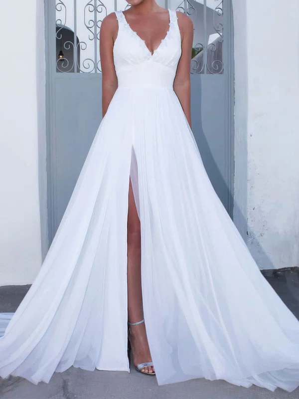 A-line V-neck Chiffon Sweep Train Wedding Dresses With Split Front #UKM00023475