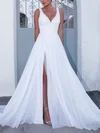 A-line V-neck Chiffon Sweep Train Wedding Dresses With Split Front #UKM00023475