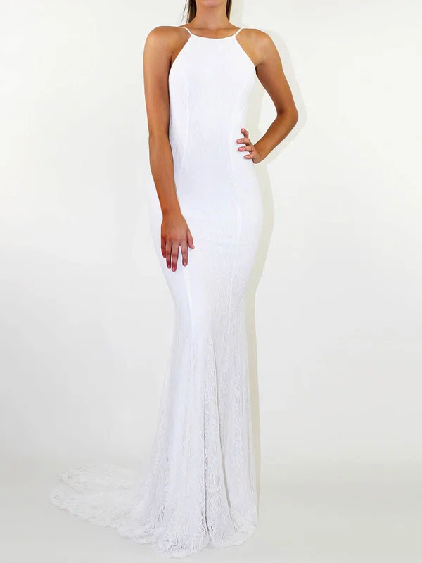 Sheath/Column Scoop Neck Lace Sweep Train Wedding Dresses #UKM00023476