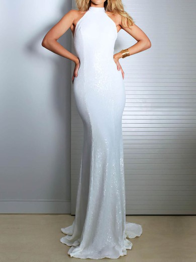 Trumpet/Mermaid High Neck Sequined Sweep Train Wedding Dresses #UKM00023480