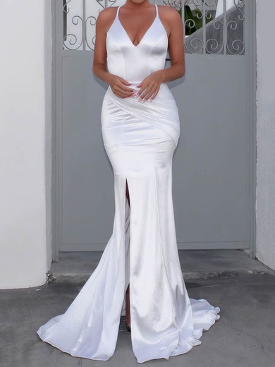 Trumpet/Mermaid V-neck Silk-like Satin Sweep Train Wedding Dresses With Split Front #UKM00023481