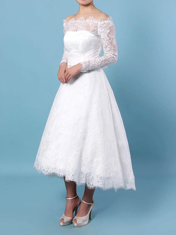 Lace Off-the-shoulder Ball Gown Tea-length Beading Wedding Dresses #UKM00023273
