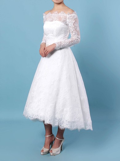 Ball Gown Off-the-shoulder Lace Tea-length Wedding Dresses With Beading #UKM00023273