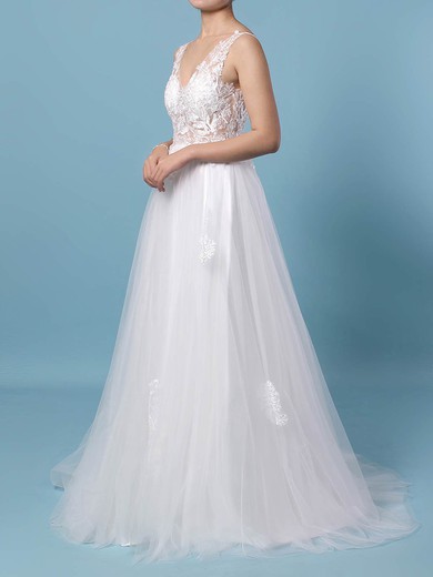 Ball Gown V-neck Tulle Floor-length Wedding Dresses With Appliques Lace #UKM00023352