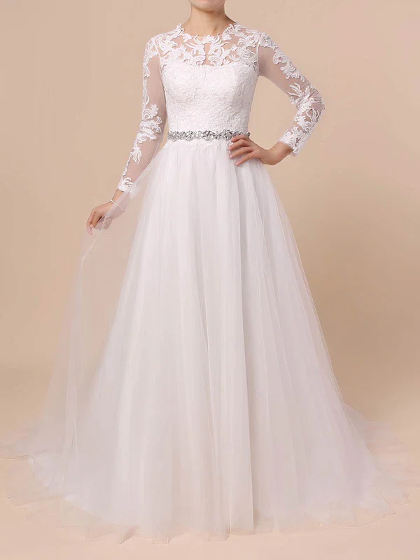 Ball Gown Illusion Tulle Sweep Train Wedding Dresses With Appliques Lace #UKM00023354