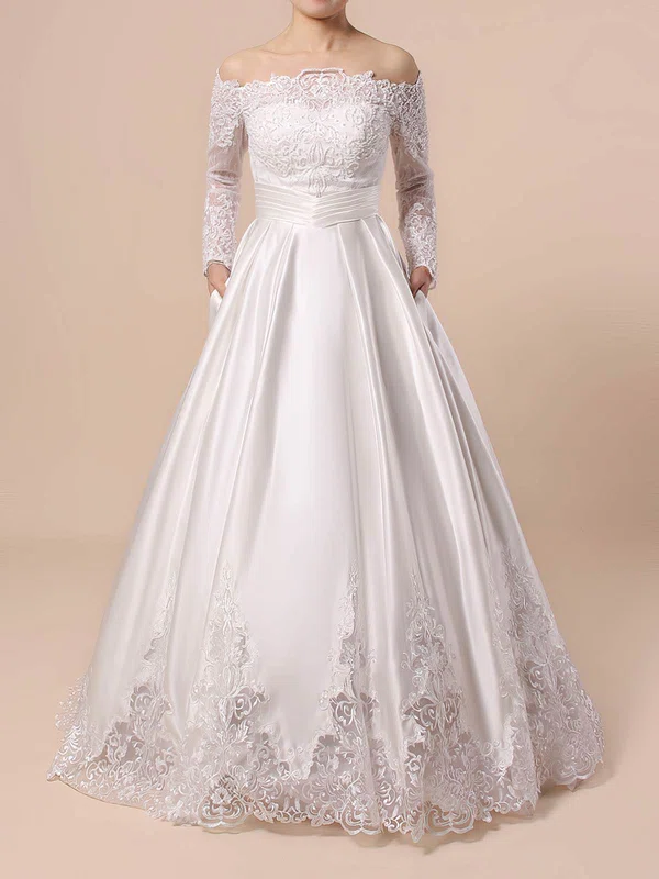 Lace Satin Off-the-shoulder Ball Gown Floor-length Beading Wedding Dresses #UKM00023376