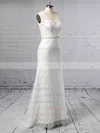 Lace V-neck Trumpet/Mermaid Sweep Train Sashes / Ribbons Wedding Dresses #UKM00023378