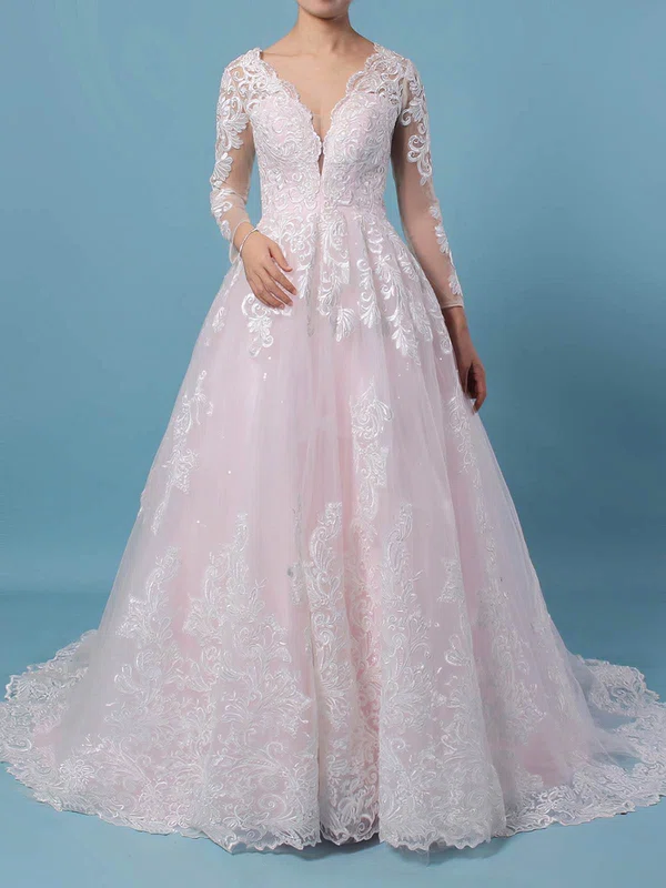 Ball Gown V-neck Tulle Sweep Train Wedding Dresses With Appliques Lace #UKM00023379