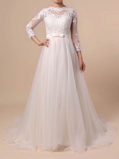Tulle Scoop Neck Princess Sweep Train Appliques Lace Wedding Dresses #UKM00023382