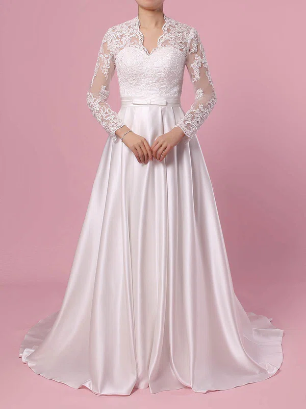 Ball Gown V-neck Satin Sweep Train Wedding Dresses With Appliques Lace #UKM00023383