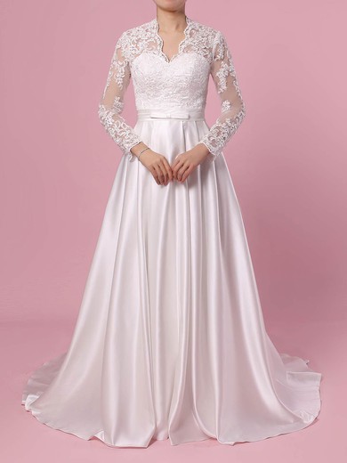 Ball Gown V-neck Satin Sweep Train Wedding Dresses With Appliques Lace #UKM00023383