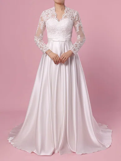 Ball Gown/Princess V-neck Satin Sweep Train Wedding Dresses With Appliques Lace #UKM00023383
