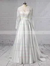 Satin Tulle V-neck Ball Gown Sweep Train Appliques Lace Wedding Dresses #UKM00023383