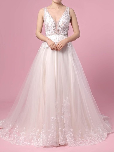 Ball Gown V-neck Tulle Sweep Train Wedding Dresses With Beading #UKM00023386