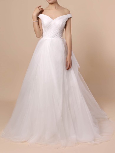 Tulle Off-the-shoulder Ball Gown Sweep Train Ruffles Wedding Dresses #UKM00023404