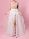 Ball Gown V-neck Tulle Sweep Train Wedding Dresses With Split Front #UKM00023406