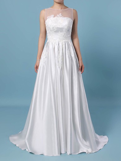 Ball Gown Illusion Satin Sweep Train Wedding Dresses With Pockets #UKM00023420