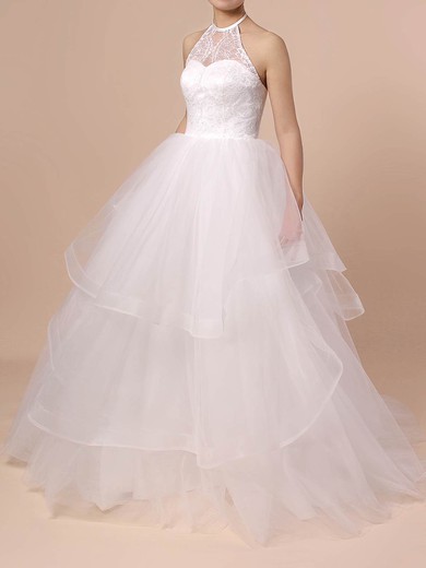 Ball Gown Halter Tulle Sweep Train Wedding Dresses With Tiered #UKM00023421
