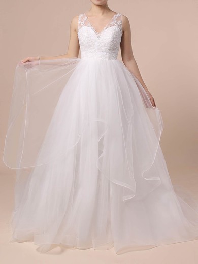 Ball Gown V-neck Tulle Sweep Train Wedding Dresses With Cascading Ruffles #UKM00023422