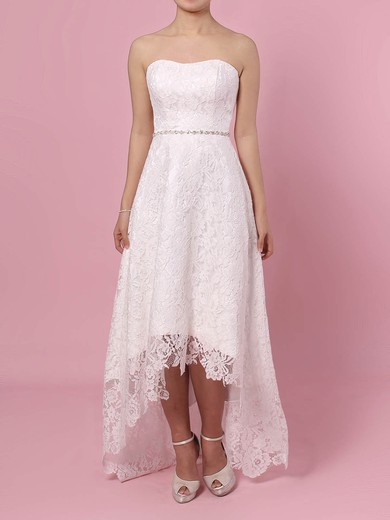 A-line Straight Lace Asymmetrical Wedding Dresses With Sashes / Ribbons #UKM00023425