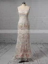 Lace V-neck Trumpet/Mermaid Sweep Train Beading Wedding Dresses #UKM00023428