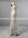 Lace V-neck Trumpet/Mermaid Sweep Train Beading Wedding Dresses #UKM00023428